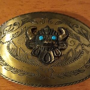 Vintage Brass Belt Buckle with Turquoise Accents